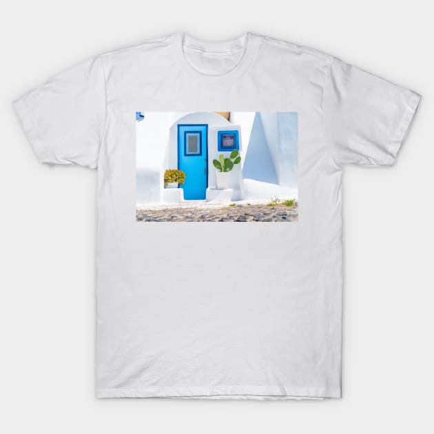 White exterior Mediterranean style entrance with blue door T-Shirt by brians101